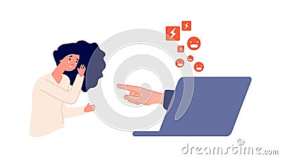 Cyberbullying and harassment. Social network pressure, Internet aggression. Young depressed girl cries vector Vector Illustration