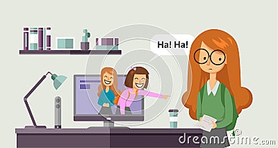 Cyberbullying, trolling. Teenage girls laughing and pointing at another girl from computer monitor. Concept vector Vector Illustration