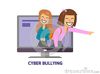 Cyberbullying, trolling. Teenage girls laughing and pointing from computer screen. Concept vector illustration. Flat Vector Illustration