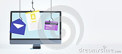 Cybercrime attack, security and hacking concept with fish hooks stealing personal data, mail and credit card details from modern Stock Photo