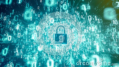 Cybercrime concept. The lock with binary code number on a blue neon light background. Generative AI Stock Photo