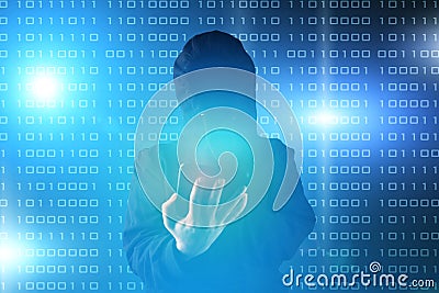 Cybercrime, Internet spy, information protection, network security, hacker with a tablet on the background of binary code Stock Photo
