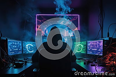 Cybercriminal: A dark, hooded hacker hacks into a computer system, threatening data security Stock Photo