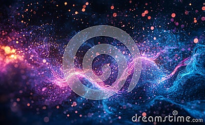 Cyberdata streaming. Blockchain data fields. The cyberspace environment. The digital age, electronic sector, processed Cartoon Illustration