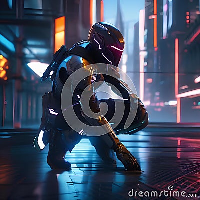 Cybernetic assassin, Ruthless cyborg assassin stalking its prey amidst a futuristic cityscape of neon lights and shadows1 Stock Photo