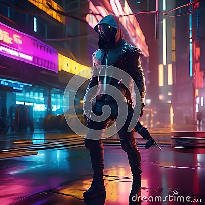 Cybernetic assassin, Ruthless cyborg assassin stalking its prey amidst a futuristic cityscape of neon lights and shadows5 Stock Photo