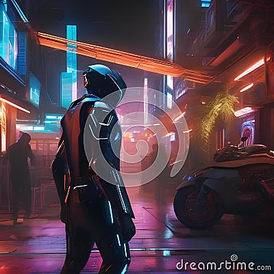 Cybernetic assassin, Ruthless cyborg assassin stalking its prey amidst a futuristic cityscape of neon lights and shadows2 Stock Photo