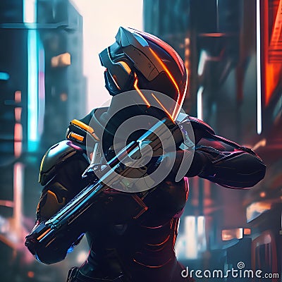 Cybernetic assassin, Ruthless cyborg assassin stalking its prey amidst a futuristic cityscape of neon lights and shadows3 Stock Photo
