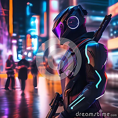 Cybernetic assassin, Ruthless cyborg assassin stalking its prey amidst a futuristic cityscape of neon lights and shadows4 Stock Photo