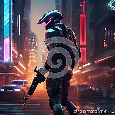 Cybernetic assassin, Ruthless cyborg assassin stalking its prey amidst a futuristic cityscape of neon lights and shadows5 Stock Photo