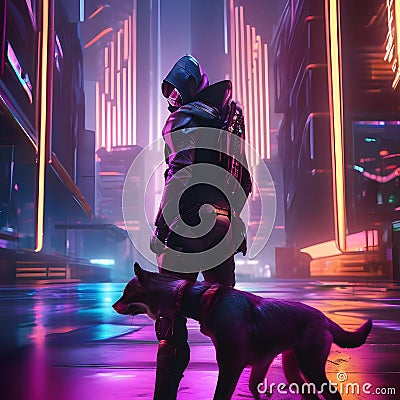 Cybernetic assassin, Ruthless cyborg assassin stalking its prey amidst a futuristic cityscape of neon lights and shadows3 Stock Photo
