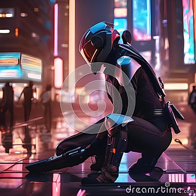 Cybernetic assassin, Ruthless cyborg assassin stalking its prey amidst a futuristic cityscape of neon lights and shadows1 Stock Photo
