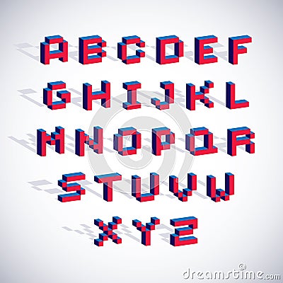 Cybernetic 3d alphabet letters, pixel art vector digital typescript. Pixel design elements, contemporary dotted font made in tech Vector Illustration