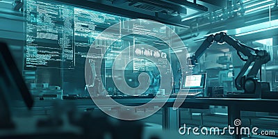A cybernetic 3D background of a sleek, high-tech laboratory filled with floating data panels and Stock Photo