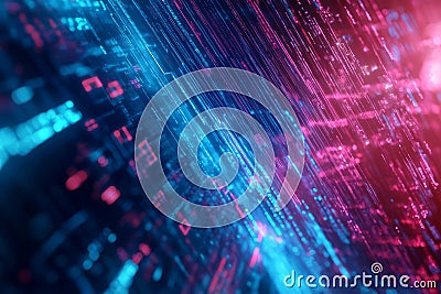 A cybernetic digital rain effect, featuring cascading streams of glowing AI-driven data, futuristic Stock Photo