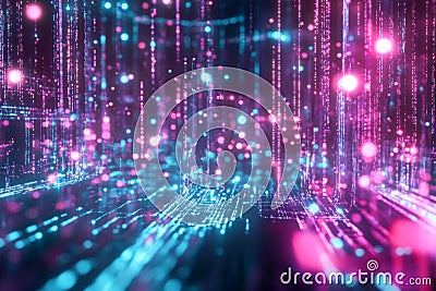 A cybernetic digital rain effect, featuring cascading streams of glowing AI-driven data, futuristic Stock Photo