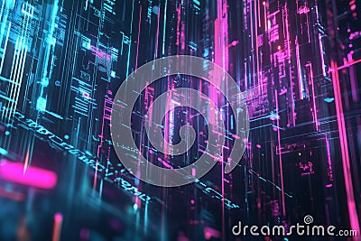 A cybernetic digital rain effect, featuring cascading streams of glowing AI-driven data, futuristic Stock Photo
