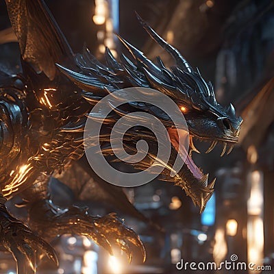 A cybernetic dragon breathing digital fire1 Stock Photo