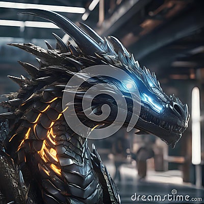 A cybernetic dragon breathing digital fire2 Stock Photo