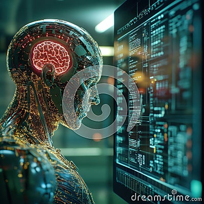 A cybernetic human with an illuminated brain interface analyzing data on a digital screen, symbolizing the fusion of human Stock Photo