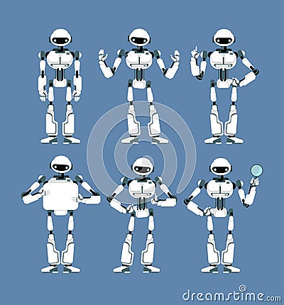 Cybernetic robot android with bionic arms and eyes in different poses. Cute cartoon scifi humanoid mascot set Vector Illustration