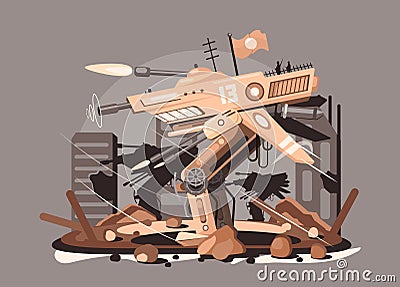 Cybernetic robot drone vector illustration. Steampunk cyborg flying robot monster flat style concept. Nano tech and Vector Illustration