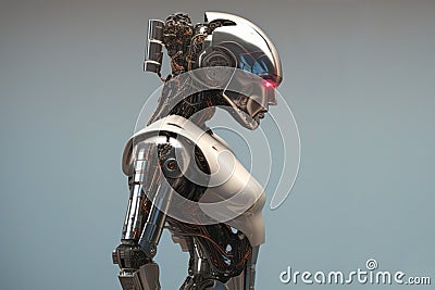 Cybernetic robot head close up: futuristic humanoid with complex mechanical parts, bright circuitry, metallic glossy Stock Photo
