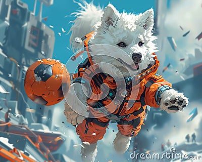 Cybernetic Samoyed dog exploring sports in an action packed curious world ai generate Stock Photo