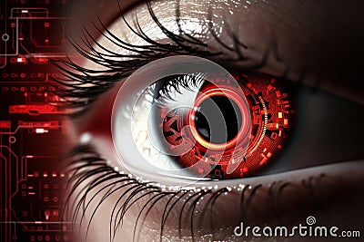 Cybernetic vision hacker or ai robot eye in futuristic tech environment on digital backdrop Stock Photo