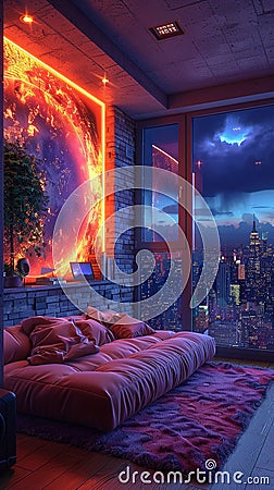 Cyberpunk apartment with neon lights high-tech gadgets Stock Photo