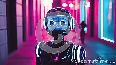 Cyberpunk Art of Sleek Robot Hacker with Glowing Elements in Futuristic Urban Setting. Concept of Technology, Innovation Stock Photo