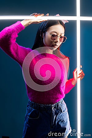 cyberpunk beauty neon light people asian girl Stock Photo