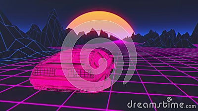 Cyberpunk car in 80s style moves on a virtual neon landscape. 3d rendering Stock Photo