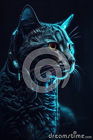 Cyberpunk cat, in the style of dystopian cartoon Stock Photo