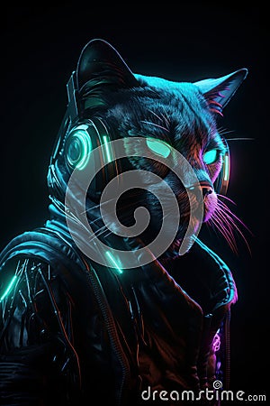 Cyberpunk cat, in the style of dystopian cartoon Stock Photo