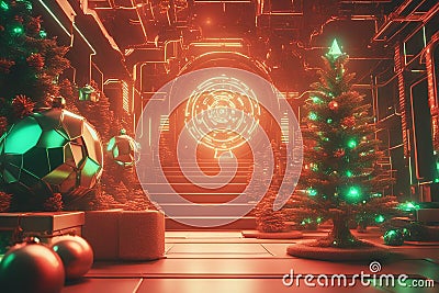 Cyberpunk Christmas 3D illustration of beautiful science fiction, Cartoon Illustration