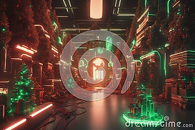 Cyberpunk Christmas 3D illustration of Christmas, New Year Cartoon Illustration