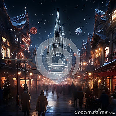 Cyberpunk Christmas market futuristic holiday stalls, neon-lit festivities, high-tech gifts, urban winter celebration Stock Photo