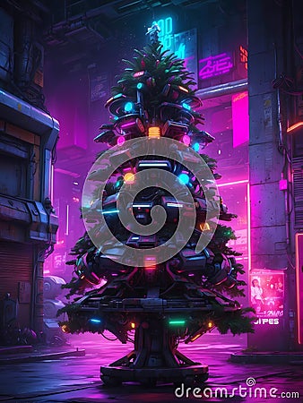 Cyberpunk Christmas Tree Decorated in Vivid Neon Colors Stock Photo