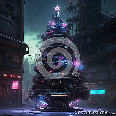 Cyberpunk Christmas Tree Decorated in Vivid Neon Colors Stock Photo