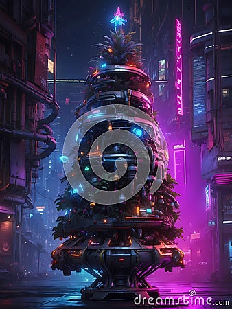 Cyberpunk Christmas Tree Decorated in Vivid Neon Colors Stock Photo