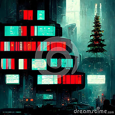 Cyberpunk christmas tree near large building with many glowing banners in night city, neural network generated art Stock Photo