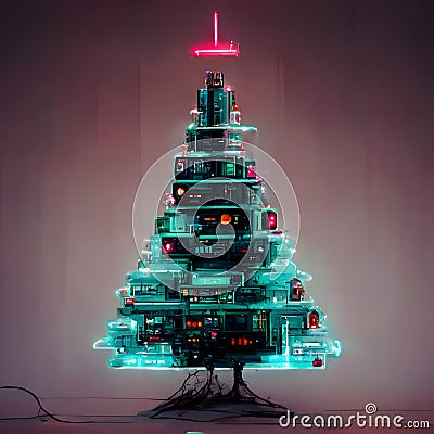 cyberpunk christmas tree, neural network generated art Stock Photo