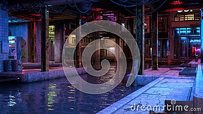 Cyberpunk city dystopian future urban scene by canal. 3D illustration Stock Photo