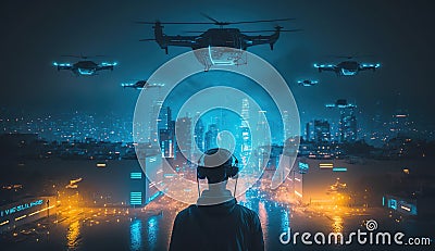 Cyberpunk city at night, person standing on roof looks at futuristic aircraft, generative AI Stock Photo