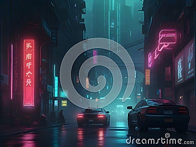 Neon Rain: A Cyberpunk Metropolis Alive with Techno-Glitz and Mechanical Pulse Stock Photo