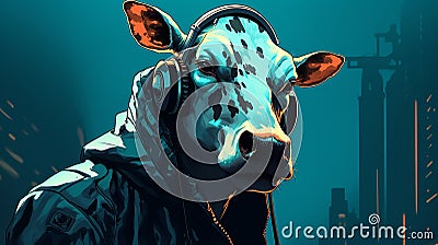Cyberpunk Cow: A Dark Cyan And White 2d Game Art Cartoon Illustration
