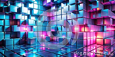 Cyberpunk Cube Array Neon Reflections, 3D Render Stock Photo
