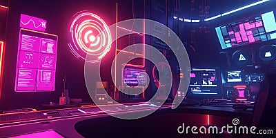 A cyberpunk 3D background of a high-speed digital network interface where neon data streams flow Stock Photo