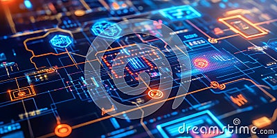 A cyberpunk 3D background of a high-speed digital network interface where neon data streams flow Stock Photo